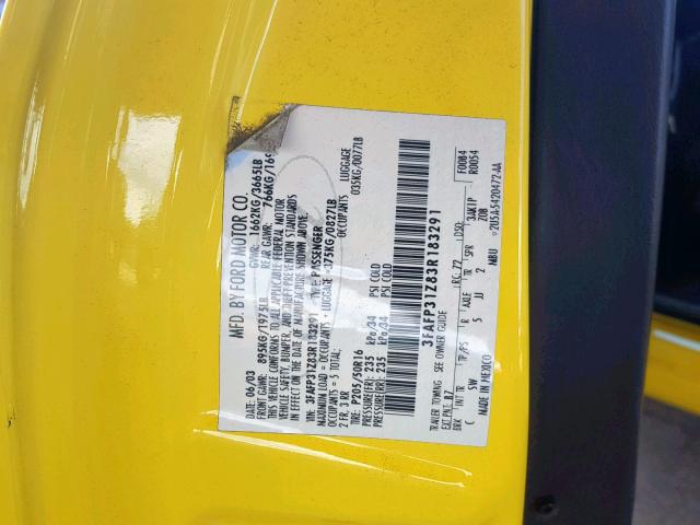 3FAFP31Z83R183291 - 2003 FORD FOCUS ZX3 YELLOW photo 10