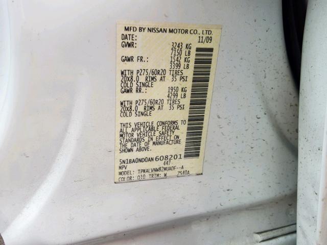 5N1BA0ND0AN608201 - 2010 NISSAN ARMADA SE WHITE photo 10