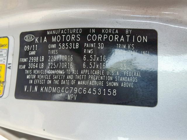 KNDMG4C79C6453158 - 2012 KIA SEDONA LX SILVER photo 10