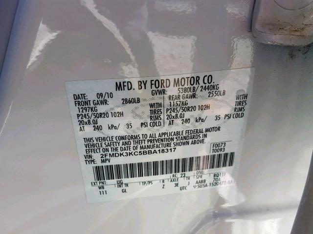 2FMDK3KC5BBA18317 - 2011 FORD EDGE LIMIT WHITE photo 10