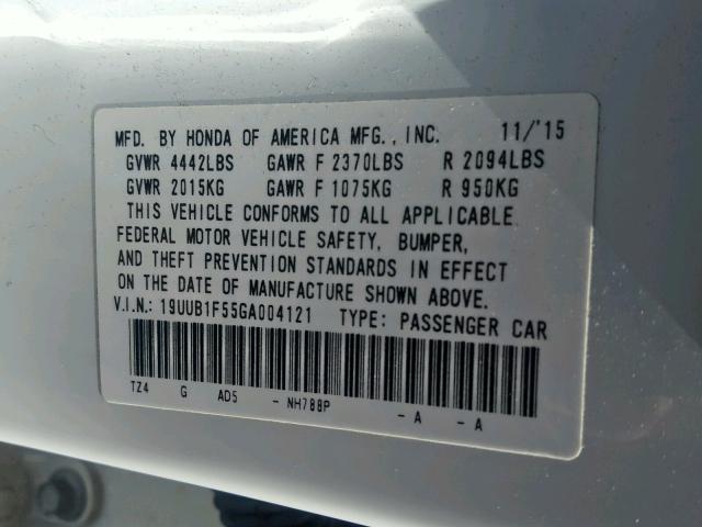 19UUB1F55GA004121 - 2016 ACURA TLX TECH WHITE photo 10