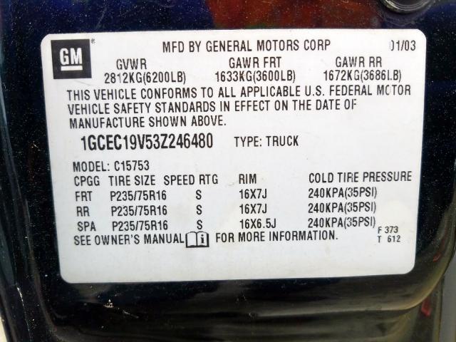 1GCEC19V53Z246480 - 2003 CHEVROLET SILVERADO C1500  photo 10