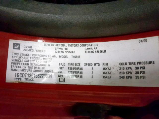 1GCDT136158223834 - 2005 CHEVROLET COLORADO RED photo 10