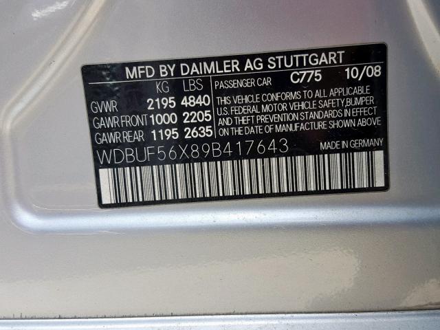 WDBUF56X89B417643 - 2009 MERCEDES-BENZ E 350 SILVER photo 10