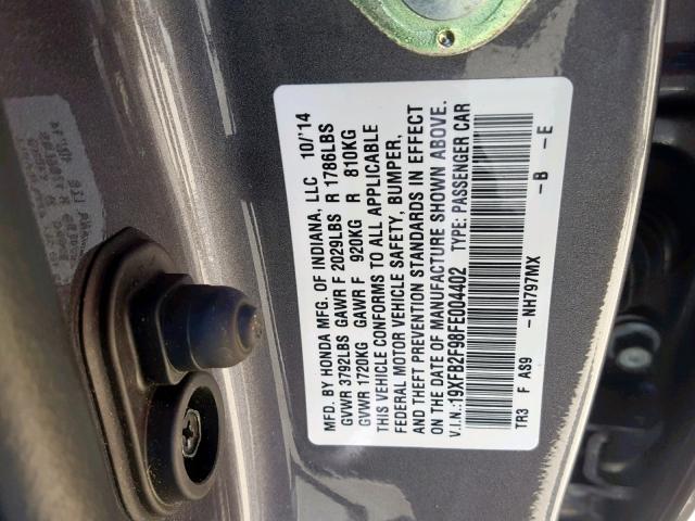 19XFB2F98FE004402 - 2015 HONDA CIVIC EXL GRAY photo 10