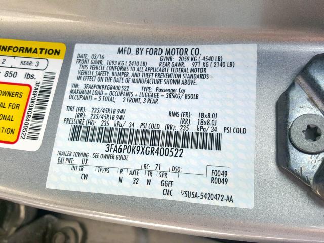 3FA6P0K9XGR400522 - 2016 FORD FUSION TIT SILVER photo 10