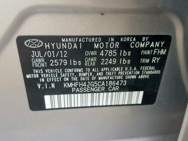 KMHFH4JG5CA186473 - 2012 HYUNDAI AZERA GLS SILVER photo 10