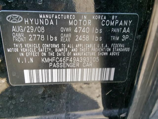 KMHFC46F49A393105 - 2009 HYUNDAI AZERA SE BLACK photo 10