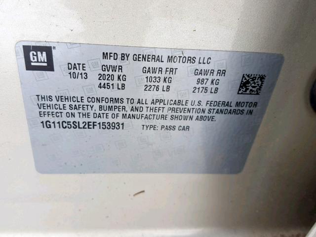 1G11C5SL2EF153931 - 2014 CHEVROLET MALIBU 1LT 金色 照片 10