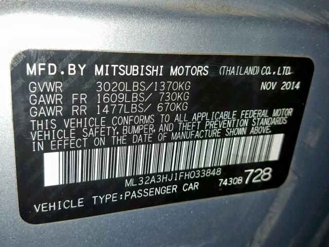 ML32A3HJ1FH033848 - 2015 MITSUBISHI MIRAGE DE SILVER photo 10