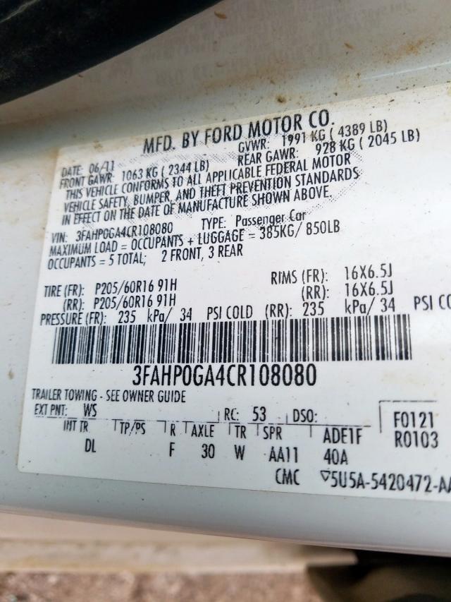 3FAHP0GA4CR108080 - 2012 FORD FUSION S  photo 10