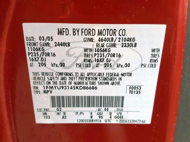 1FMYU93145KD86686 - 2005 FORD ESCAPE XLT RED photo 10