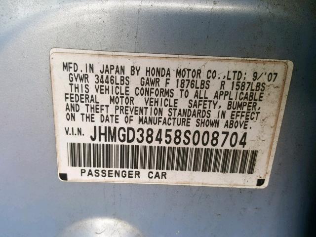 JHMGD38458S008704 - 2008 HONDA FIT BLUE photo 10