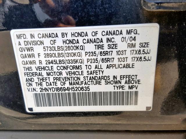 2HNYD18694H520635 - 2004 ACURA MDX TOURIN BLACK photo 10