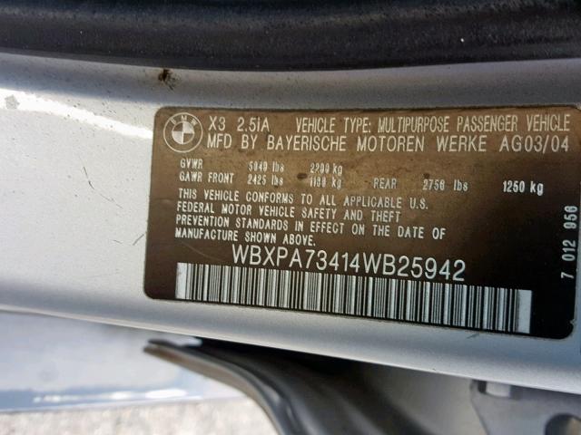 WBXPA73414WB25942 - 2004 BMW X3 2.5I SILVER photo 10