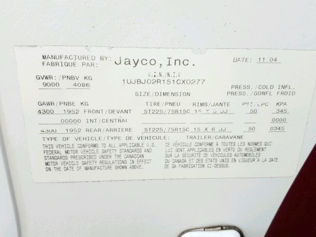 1UJBJ02R151CX0277 - 2005 JAYCO EAGLE  WHITE photo 10