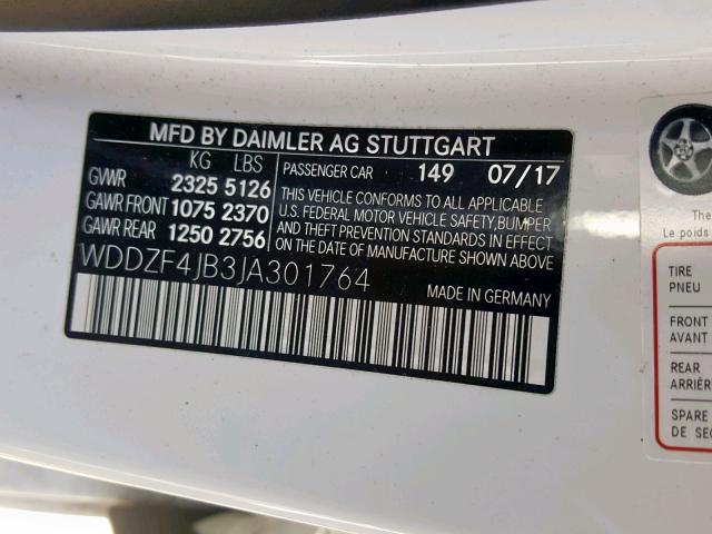 WDDZF4JB3JA301764 - 2018 MERCEDES-BENZ E 300 WHITE photo 10