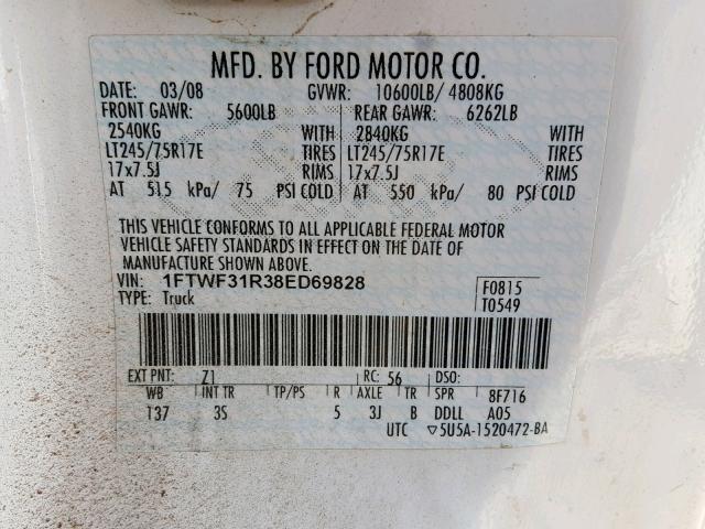 1FTWF31R38ED69828 - 2008 FORD F350 SRW S WHITE photo 10