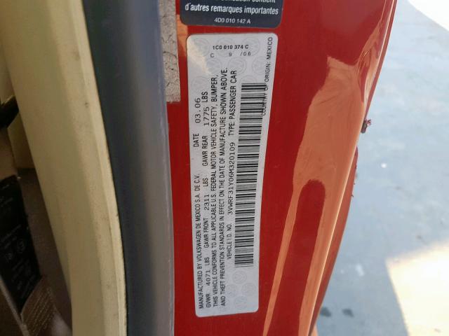 3VWRF31Y06M320109 - 2006 VOLKSWAGEN NEW BEETLE 红色 照片 10