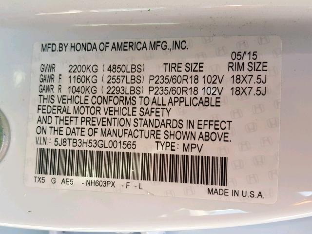 5J8TB3H53GL001565 - 2016 ACURA RDX TECHNO WHITE photo 10