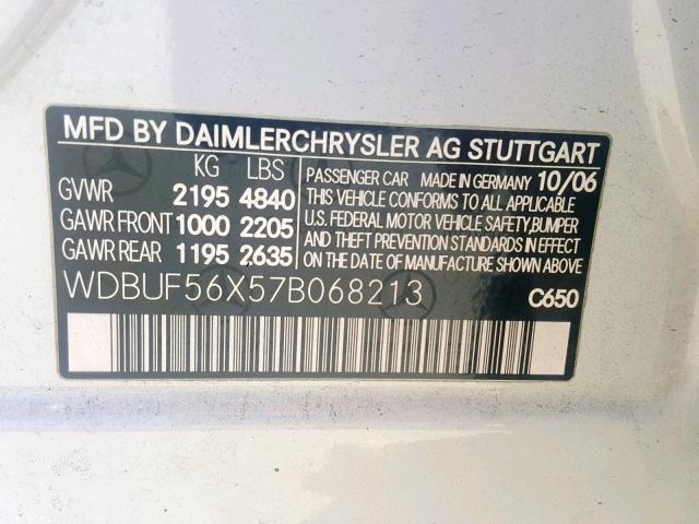 WDBUF56X57B068213 - 2007 MERCEDES-BENZ E 350 WHITE photo 10