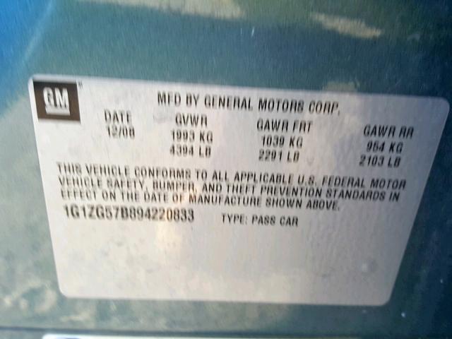 1G1ZG57B894220833 - 2009 CHEVROLET MALIBU LS GRAY photo 10