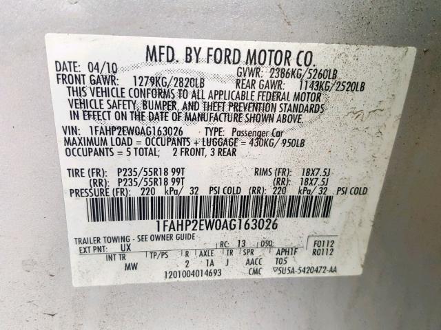 1FAHP2EW0AG163026 - 2010 FORD TAURUS SEL SILVER photo 10