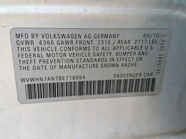 WVWHN7AN7BE718884 - 2011 VOLKSWAGEN CC LUXURY SILVER photo 10