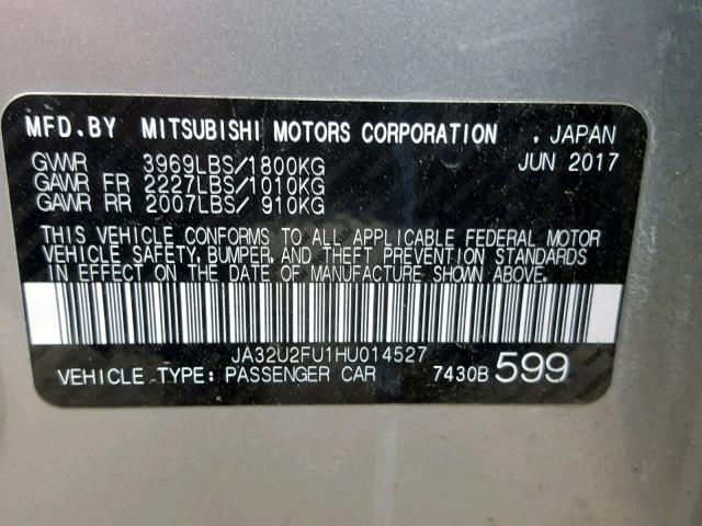 JA32U2FU1HU014527 - 2017 MITSUBISHI LANCER ES GRAY photo 10