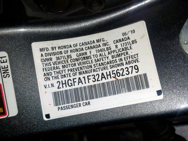 2HGFA1F32AH562379 - 2010 HONDA CIVIC VP GRAY photo 10