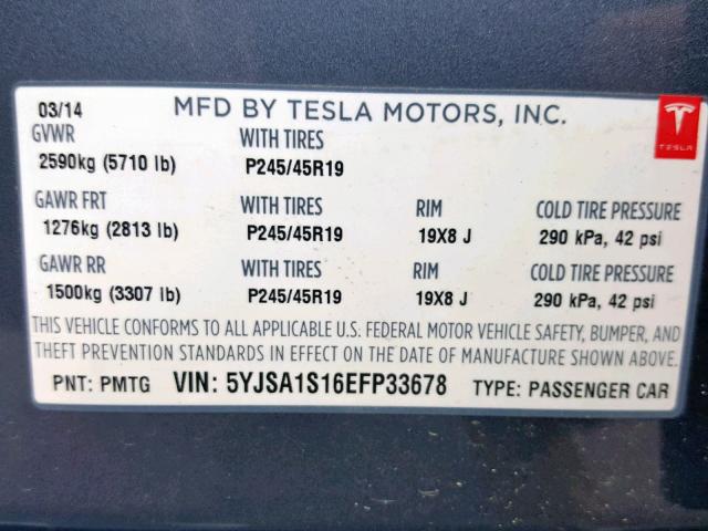5YJSA1S16EFP33678 - 2014 TESLA MODEL S GRAY photo 10