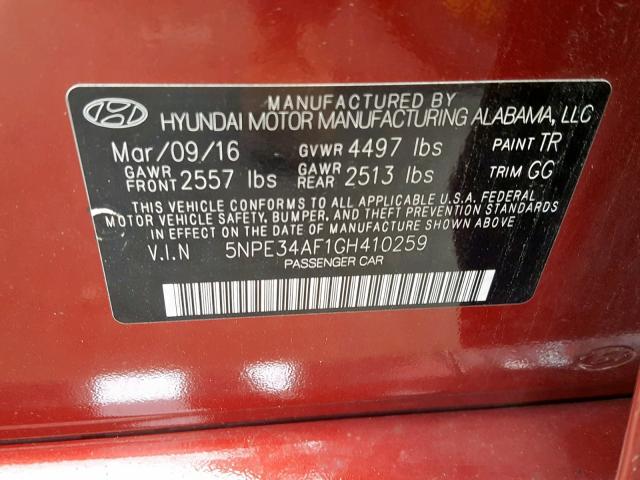 5NPE34AF1GH410259 - 2016 HYUNDAI SONATA SPO RED photo 10