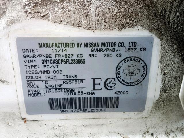 3N1CK3CP6FL239665 - 2015 NISSAN MICRA WHITE photo 10