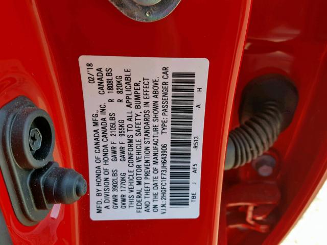 2HGFC1F73JH643906 - 2018 HONDA CIVIC EXL RED photo 10