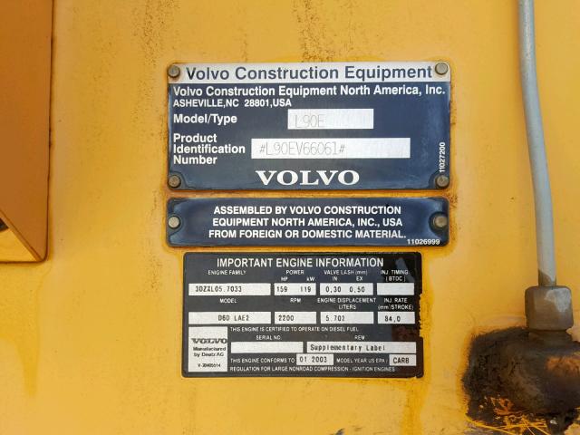 L90EV66061 - 2003 VOLVO L90E PIN YELLOW photo 10