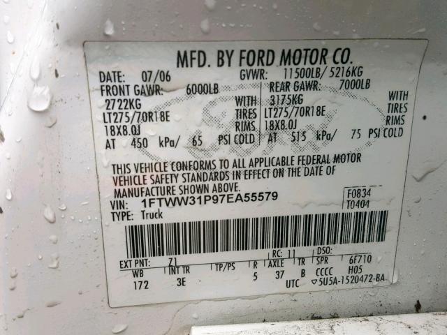 1FTWW31P97EA55579 - 2007 FORD F350 SRW S WHITE photo 10