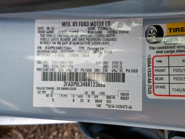 3FADP0L34BR123666 - 2011 FORD FUSION HYB BLUE photo 10