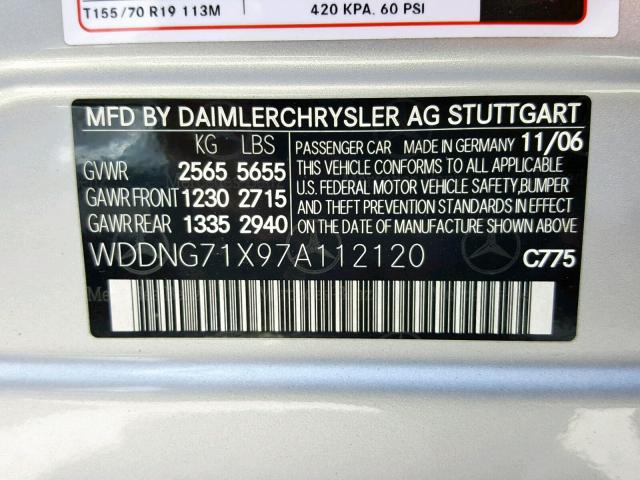 WDDNG71X97A112120 - 2007 MERCEDES-BENZ S 550 SILVER photo 10