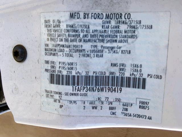 1FAFP34N76W190419 - 2006 FORD FOCUS ZX4 WHITE photo 10