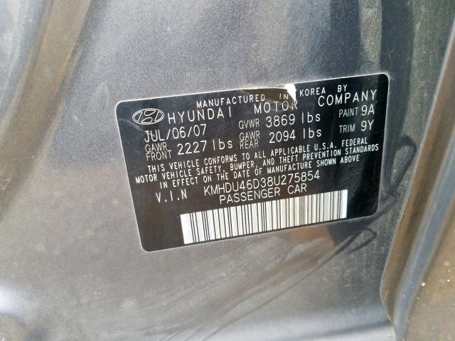 KMHDU46D38U275854 - 2008 HYUNDAI ELANTRA GLS  photo 10