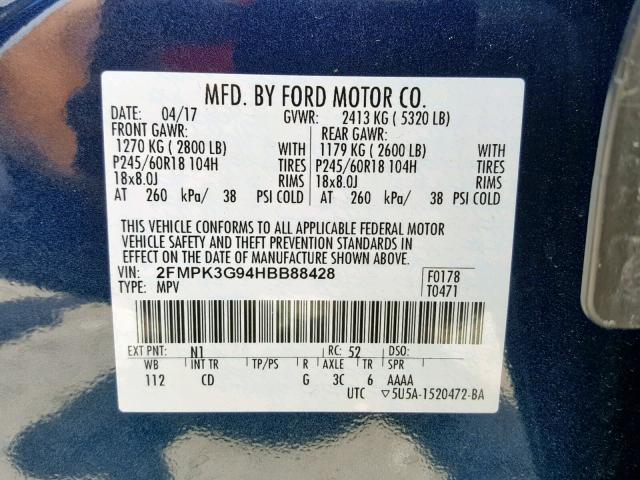 2FMPK3G94HBB88428 - 2017 FORD EDGE SE BLUE photo 10