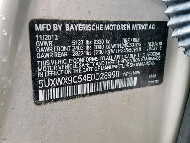 5UXWX9C54E0D28998 - 2014 BMW X3 XDRIVE2 BEIGE photo 10