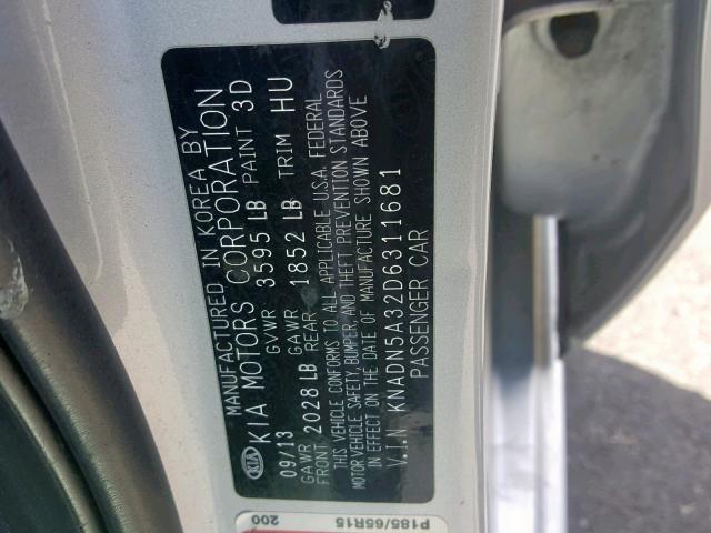 KNADN5A32D6311681 - 2013 KIA RIO EX SILVER photo 10