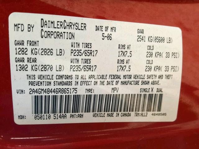 2A4GM48446R865175 - 2006 CHRYSLER PACIFICA RED photo 10