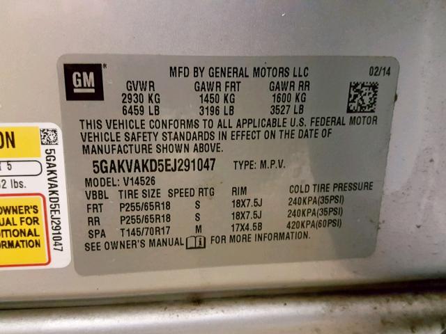 5GAKVAKD5EJ291047 - 2014 BUICK ENCLAVE SILVER photo 10