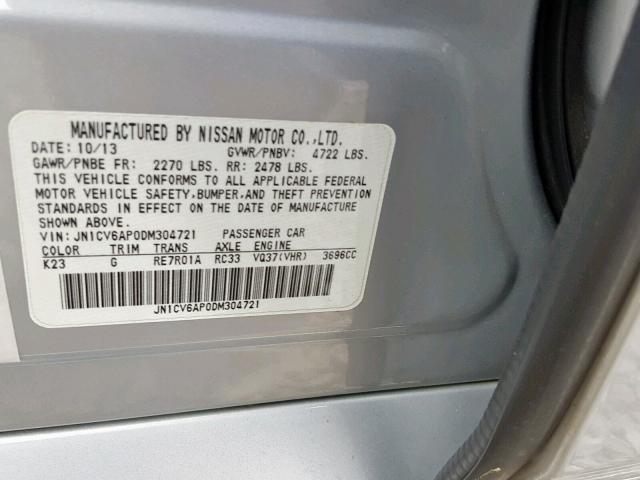 JN1CV6AP0DM304721 - 2013 INFINITI G37 BASE SILVER photo 10