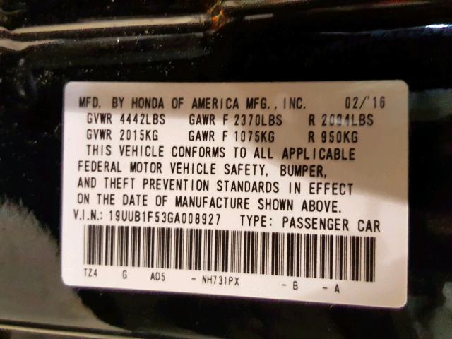 19UUB1F53GA008927 - 2016 ACURA TLX TECH BLACK photo 10