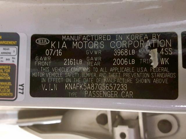 KNAFK5A87G5657233 - 2016 KIA FORTE LX SILVER photo 10