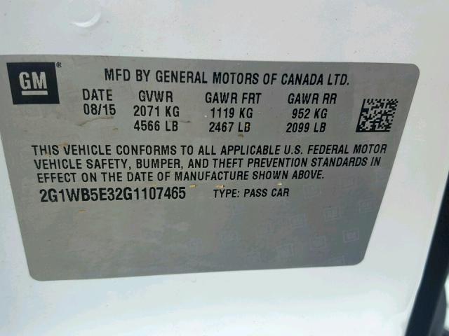 2G1WB5E32G1107465 - 2016 CHEVROLET IMPALA LIM WHITE photo 10