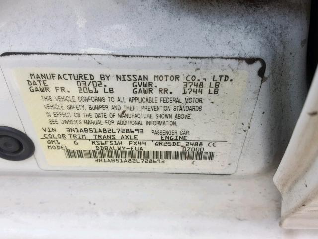 3N1AB51A82L728693 - 2002 NISSAN SENTRA SE- WHITE photo 10